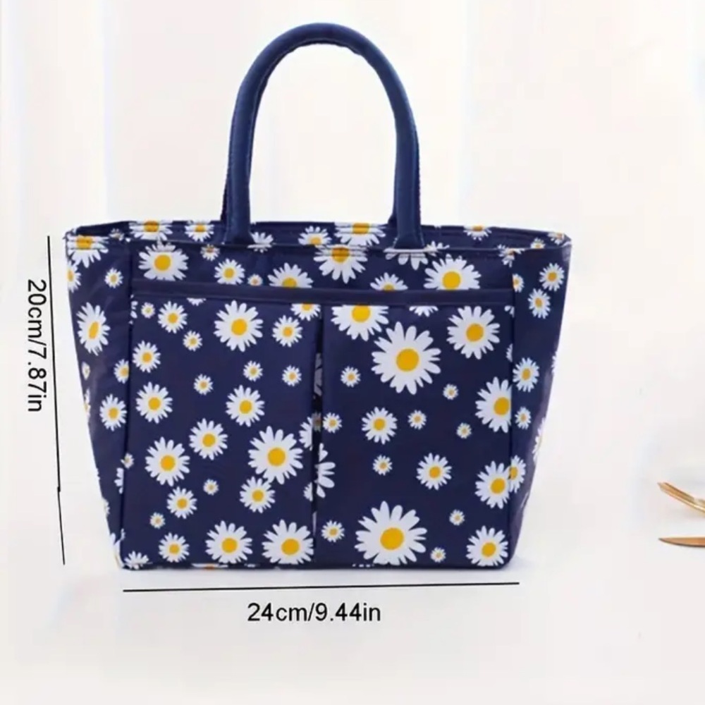 Lunch bag- insulated, NIB, navy with daisy print, open interior, keep foods cold - Picture 6 of 9